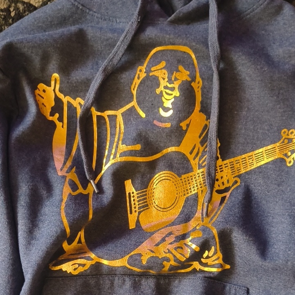 True Religion Navy Hoodie with Gold Buddha Guitar Design (Used)